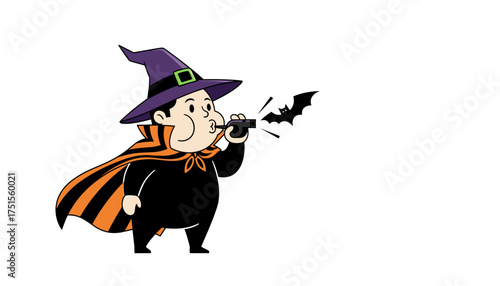 Chubby witch character blows a whistle conjuring a bat for Halloween fun