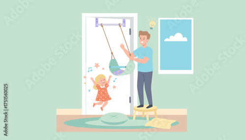 Joyful father and daughter installing a swing at home family lifestyle and fun