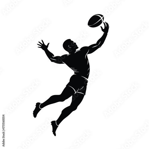 Rugby player jumping to grab oval ball silhouette catching