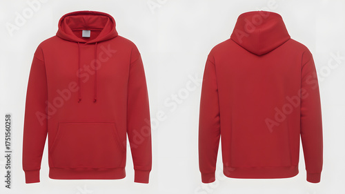 Showcasing a vibrant red hoodie, front and back views, perfect for modern apparel mockups and streetwear collections.