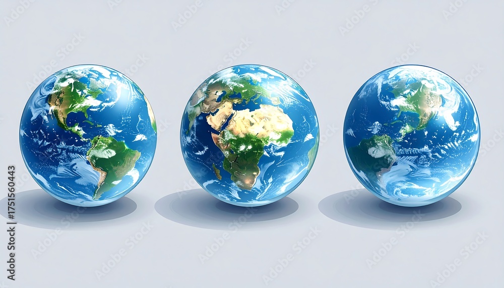 Fototapeta premium Three rendered globes, showcasing continents and oceans against a gray backdrop