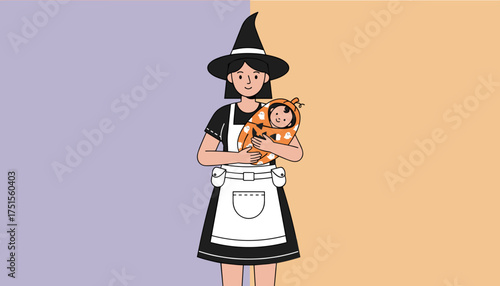 Woman in witch hat holding baby in pumpkin costume celebrating Halloween with love