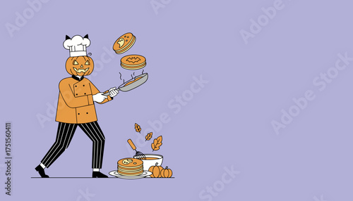 Pumpkin head chef flips Halloween pancakes with bats and ghosts Festive autumn cooking