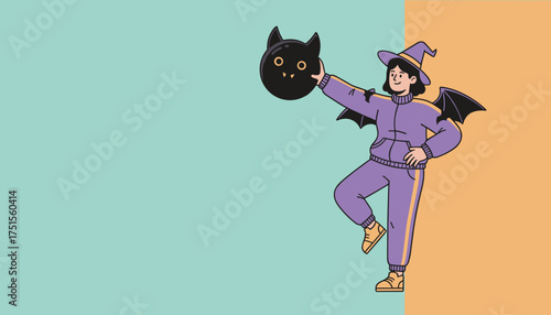 Smiling person in witch and bat costume holds a bat balloon on a festive Halloween background