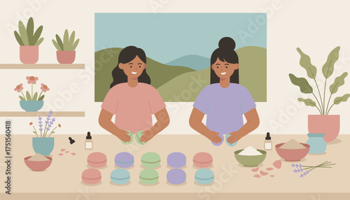 Friends making natural bath bombs embracing selfcare and creative home spa rituals
