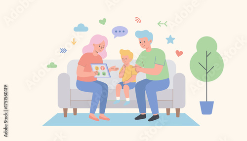 Parents on sofa help child learn emotions with a tablet Family communication  emotional development