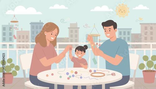 Joyful family crafting colorful mobile on balcony fostering creativity and togetherness