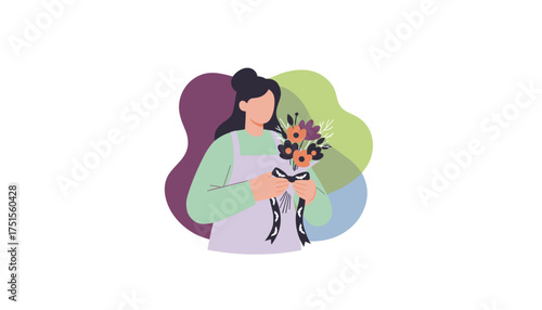 Woman in apron holding a Halloween bouquet with bat ribbon Perfect for holiday sales or creative crafts