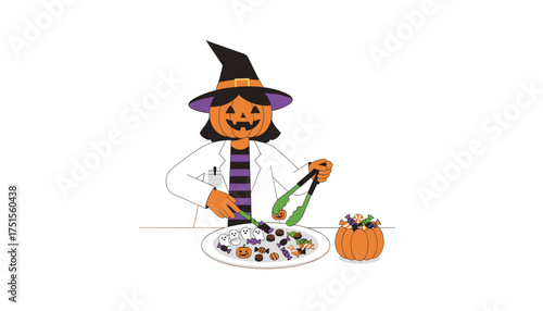 Creative pumpkinheaded figure in lab coat preparing a fun Halloween candy display