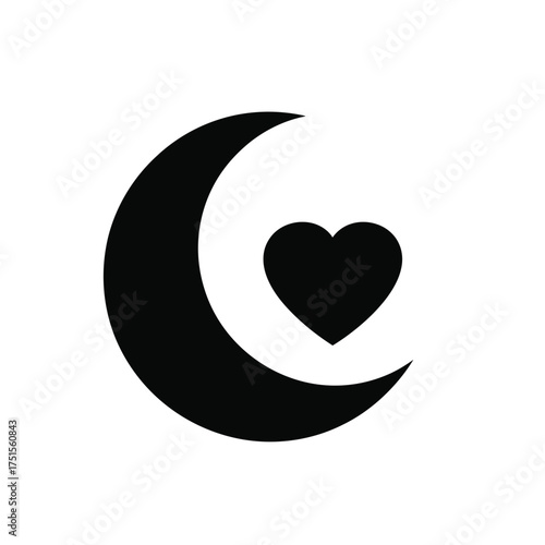 Black crescent moon with heart icon abstract celestial