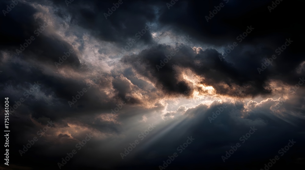 Obraz premium Dramatic sunbeams breaking through dark storm clouds illuminating the sky