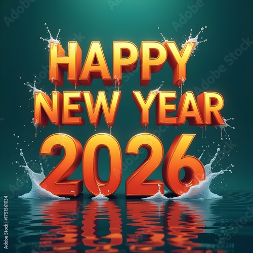 Happy New Year 2026 in Glossy Orange Letters with Water Splashes on Teal Background
