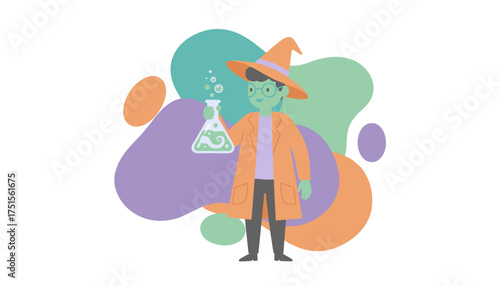 Cartoon scientist or wizard holding a bubbling beaker Concept of chemistry magic or education