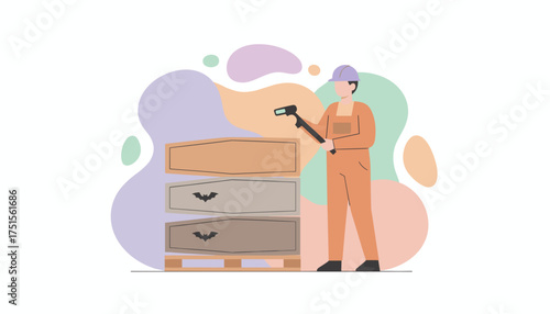 Worker scanning stacked Halloween coffins on a pallet Spooky props inventory