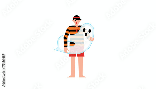 Lifeguard character holding a ghost pool float for summer fun or Halloween concept