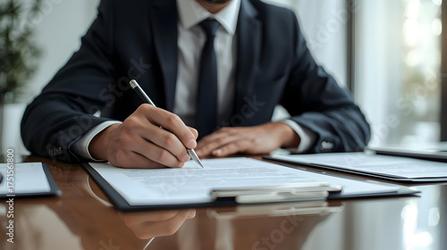 Signing the Agreement: The scene captures the focus and precision of a person engrossed in the act of signing a document, signifying a pivotal moment in the business world.