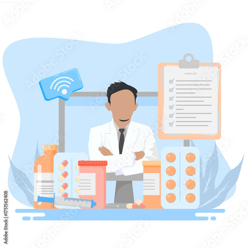 Illustration of a doctor providing online patient complaint services.