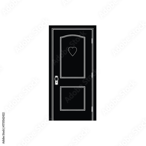 Black door with white outline heart and doorknob vector
