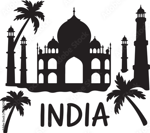 India Landmark Silhouette with Palm Trees and India Text
