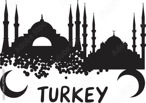 Turkey Landmark Silhouette with Crescent Moon and Turkey Text