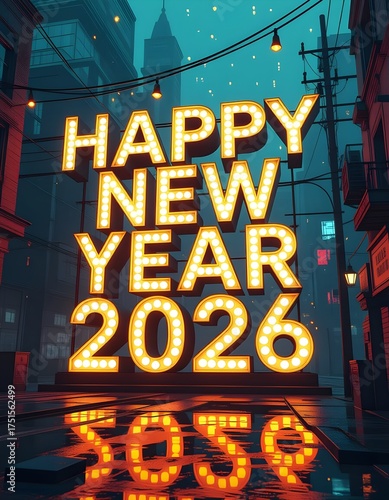 Happy New Year 2026 Marquee Sign on City Street at Night