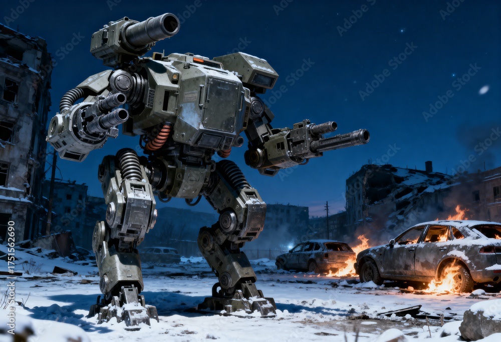 Naklejka premium 戦場の荒野に立つ軍事用ロボット