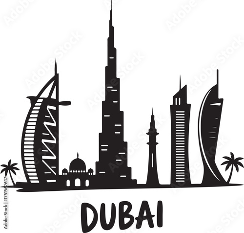 Dubai City Skyline Silhouette with Famous Landmarks