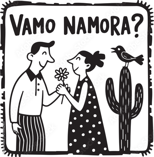Vamo Namora Doodle Art with Couple and Cactus Silhouette
