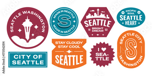 Seattle washington stickers travel collection. Set of US popular city badges. 