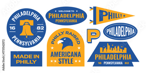 Philadelphia pennsylvania stickers travel collection. Set of US popular city badges. 