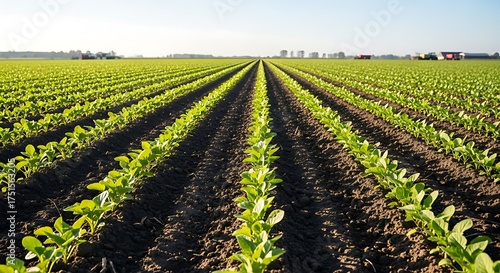 Rows of Young Plants in a Field Under a Clear Sky.