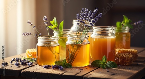 Golden Honey Jars with Lavender and Mint on Rustic Wooden Table.