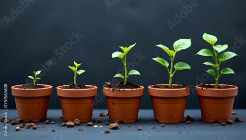 Sequential Potted Plants Showing Growth Stages