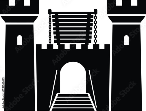 castle gate with raised drawbridge and twin towers, front view, solid black silhouette
