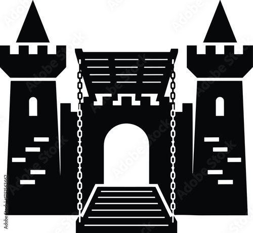 castle gate with raised drawbridge and twin towers, front view, solid black silhouette