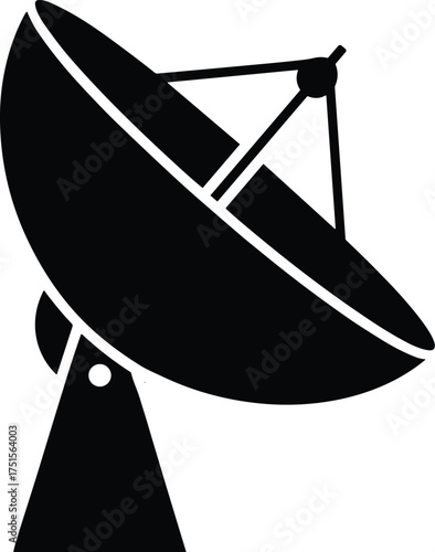 satellite dish with parabolic reflector and feed horn tilted upward, side profile, solid black silhouette
