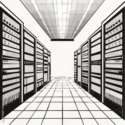 Tableau sur toile Illustration of a vintage computer server room with multiple racks and a tiled f