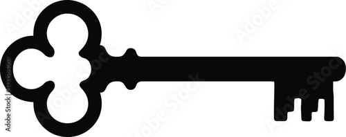 skeleton key with ornate bow and long stem, horizontal, solid black silhouette