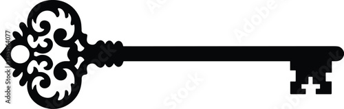 skeleton key with ornate bow and long stem, horizontal, solid black silhouette