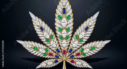 Jeweled Cannabis Leaf - A Luxurious and Opulent Display of Botanical Art.