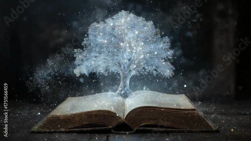 Open Book on Stone Surface Showcasing a Luminous Tree with Sparkling Particles Dark Background
