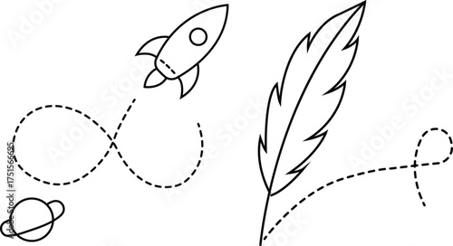 Dotted Line Art with Rocket, Feather, and Planet