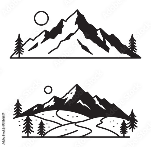 Black and white vector illustration of mountainous landscape with trees and sun
