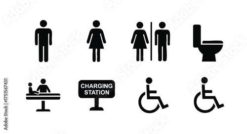 Collection of diverse public facility icons including male, female, unisex restrooms, wheelchair access, and a toilet symbol