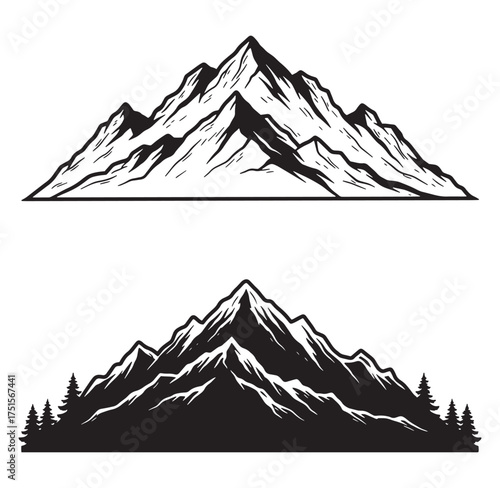 Detailed black and white mountain range illustrations featuring different silhouette styles