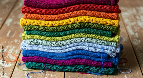 Stack of Colorful Knitted Cloths on Wooden Surface.
