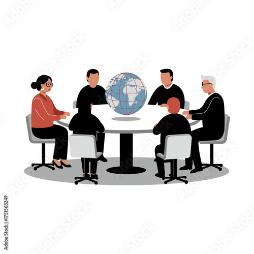 A diverse group of professionals in a meeting around a table with a globe, discussing global issues.