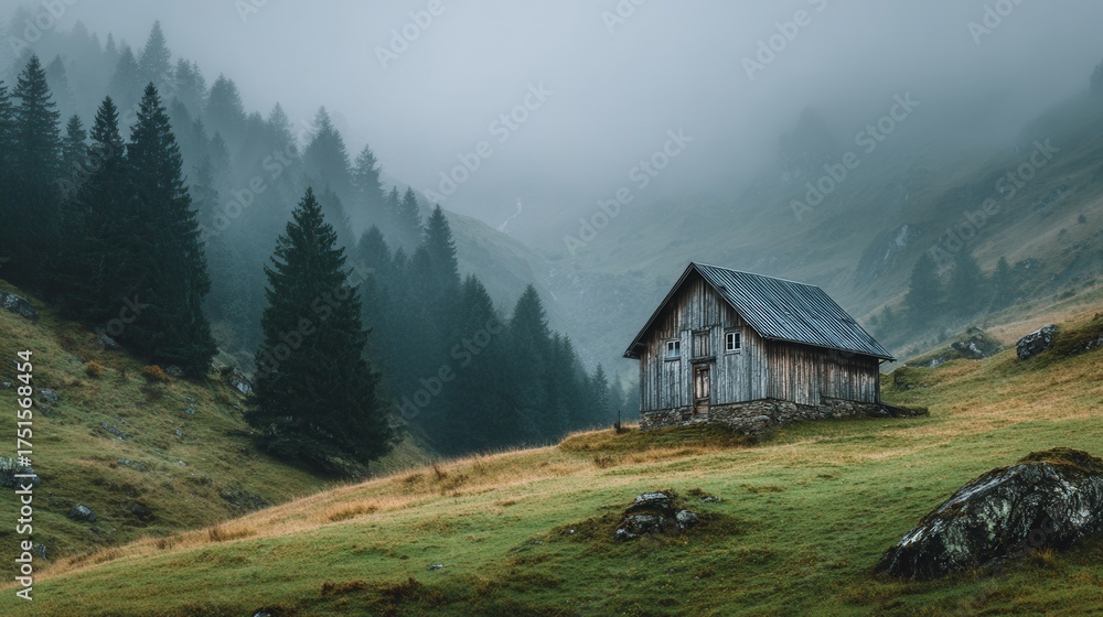 Obraz premium Single wooden barn above misty peaks at early sunrise