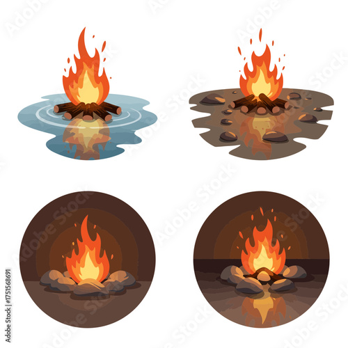 Campfire reflection on lake night scene, peaceful outdoor evening illustration