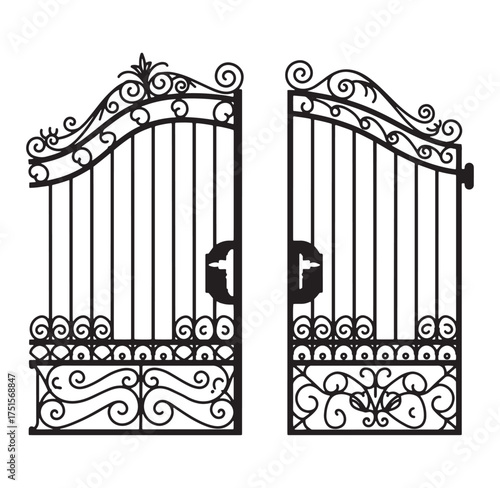 Elegant black wrought iron gate design isolated on white background ready for your design